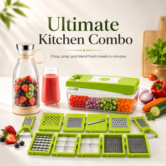 portable juicer + 12 in 1 Vegetable Chopper with Container – Multipurpose Kitchen Cutter & Slicer