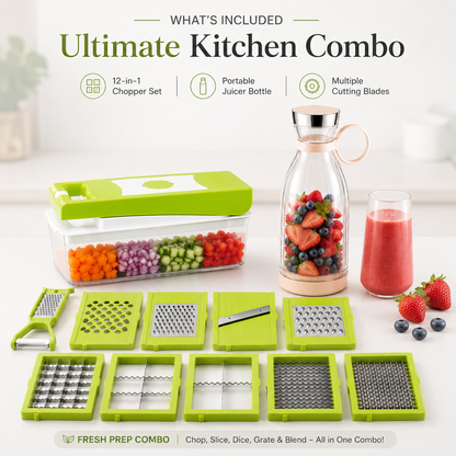 portable juicer + 12 in 1 Vegetable Chopper with Container – Multipurpose Kitchen Cutter & Slicer